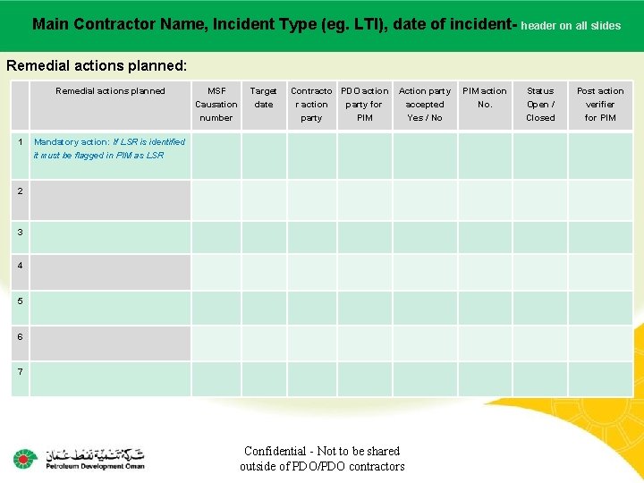 Main Contractor Name, Incident Type (eg. LTI), date of incident. Main contractor name –