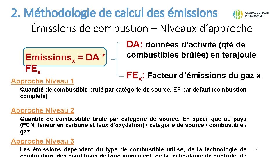 2. Méthodologie de calcul des émissions Émissions de combustion – Niveaux d’approche DA: données