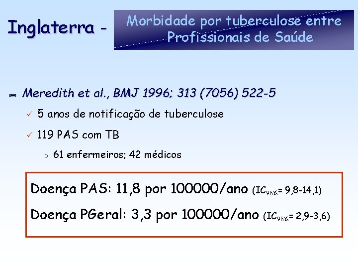 Inglaterra - ; Morbidade por tuberculose entre Profissionais de Saúde Meredith et al. ,