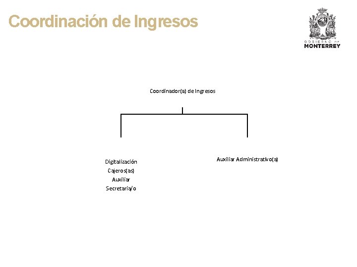 Coordinación de Ingresos Coordinador(a) de Ingresos Digitalización Cajeros(as) Auxiliar Secretaria/o Auxiliar Administrativo(a) 