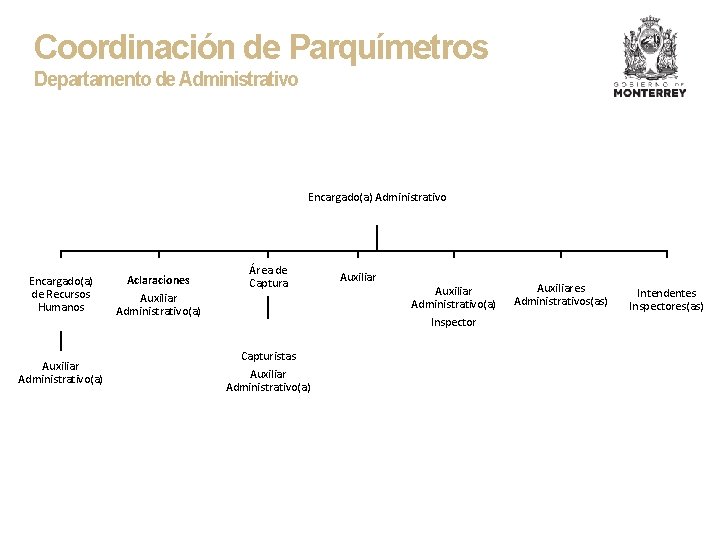 Coordinación de Parquímetros Departamento de Administrativo Encargado(a) de Recursos Humanos Auxiliar Administrativo(a) Aclaraciones Auxiliar