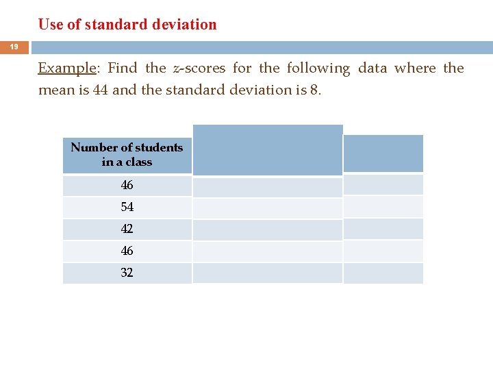 Use of standard deviation 19 Example: Find the z-scores for the following data where