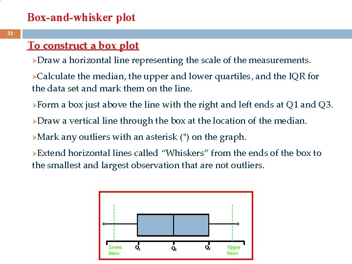 Box-and-whisker plot 33 To construct a box plot ØDraw a horizontal line representing the