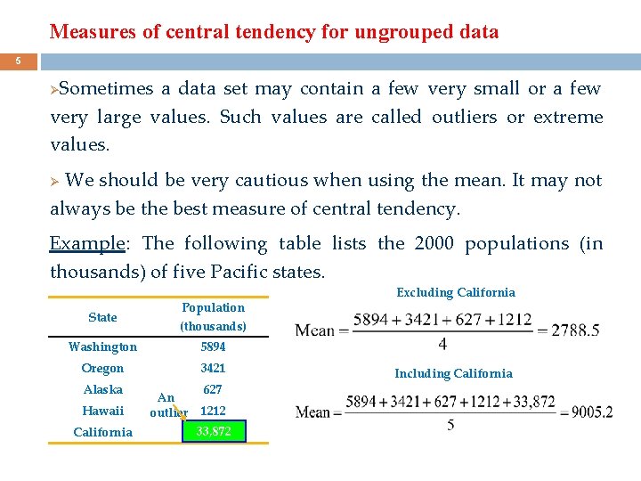 Measures of central tendency for ungrouped data 5 Sometimes a data set may contain