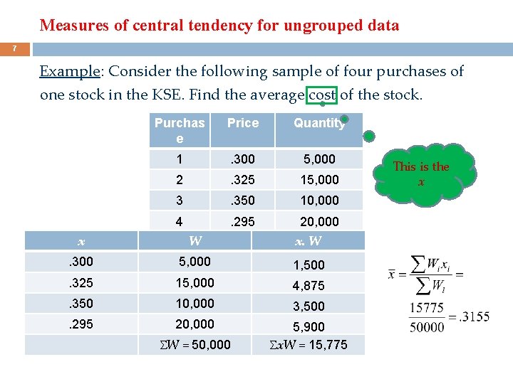 Measures of central tendency for ungrouped data 7 Example: Consider the following sample of