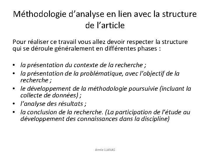 Méthodologie d’analyse en lien avec la structure de l’article Pour réaliser ce travail vous