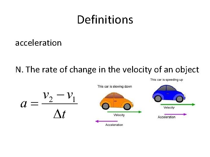 Definitions acceleration N. The rate of change in the velocity of an object 