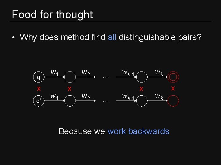 Food for thought • Why does method find all distinguishable pairs? q x q’ Food for thought • Why does method find all distinguishable pairs? q x q’