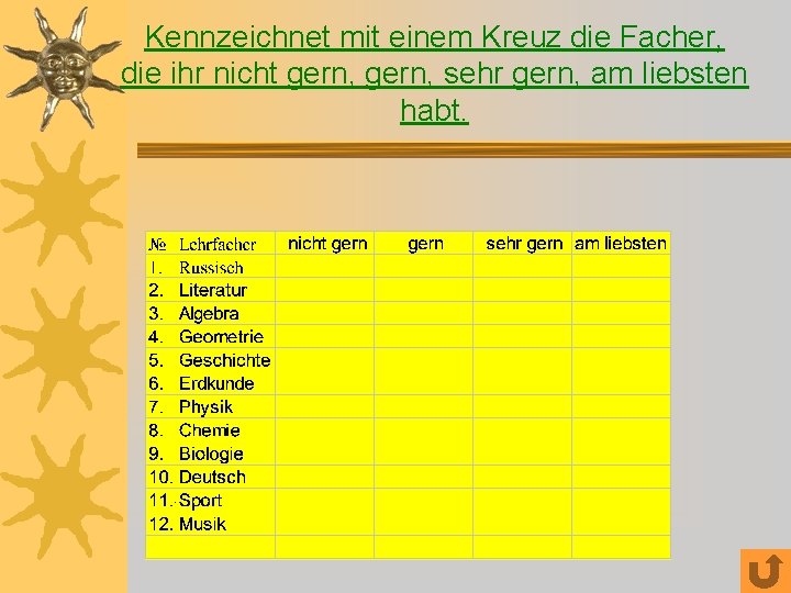 Kennzeichnet mit einem Kreuz die Facher, die ihr nicht gern, sehr gern, am liebsten