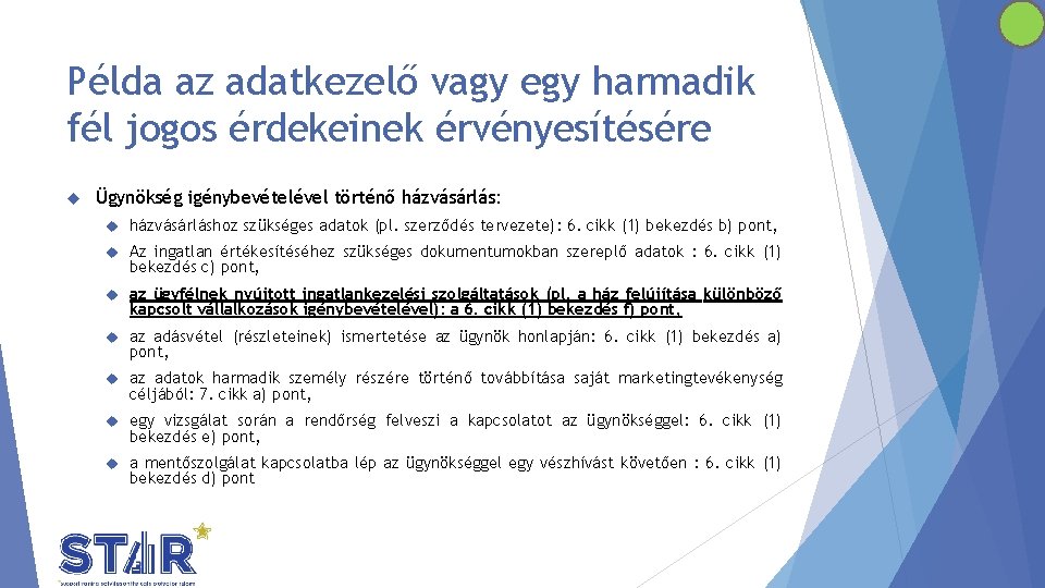 Példa az adatkezelő vagy egy harmadik fél jogos érdekeinek érvényesítésére Ügynökség igénybevételével történő házvásárlás: