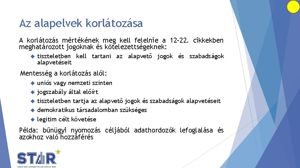 Az alapelvek korlátozása A korlátozás mértékének meg kell felelnie a 12– 22. cikkekben meghatározott