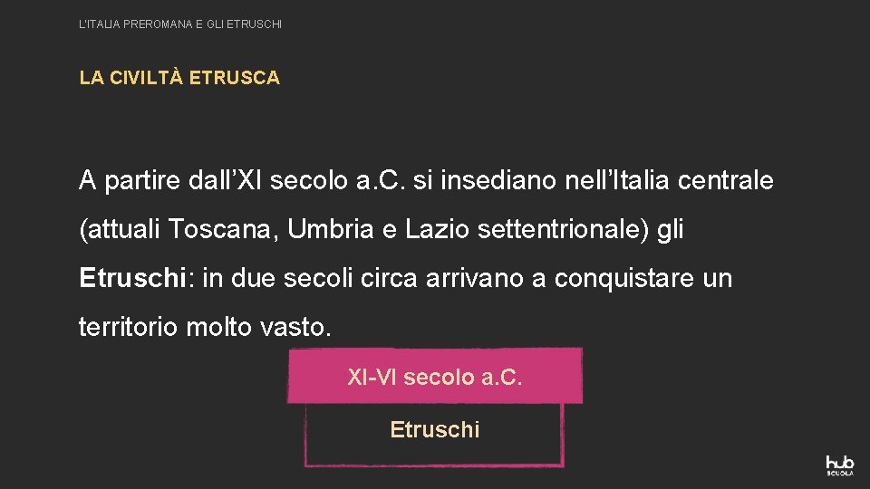 L’ITALIA PREROMANA E GLI ETRUSCHI LA CIVILTÀ ETRUSCA A partire dall’XI secolo a. C.