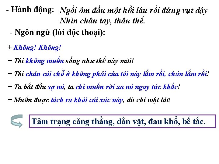 - Hành động: Ngồi ôm đầu một hồi lâu rồi đứng vụt dậy Nhìn