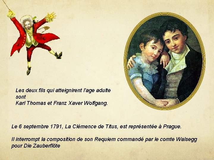 Les deux fils qui atteignirent l’age adulte sont Karl Thomas et Franz Xaver Wolfgang. Les deux fils qui atteignirent l’age adulte sont Karl Thomas et Franz Xaver Wolfgang.