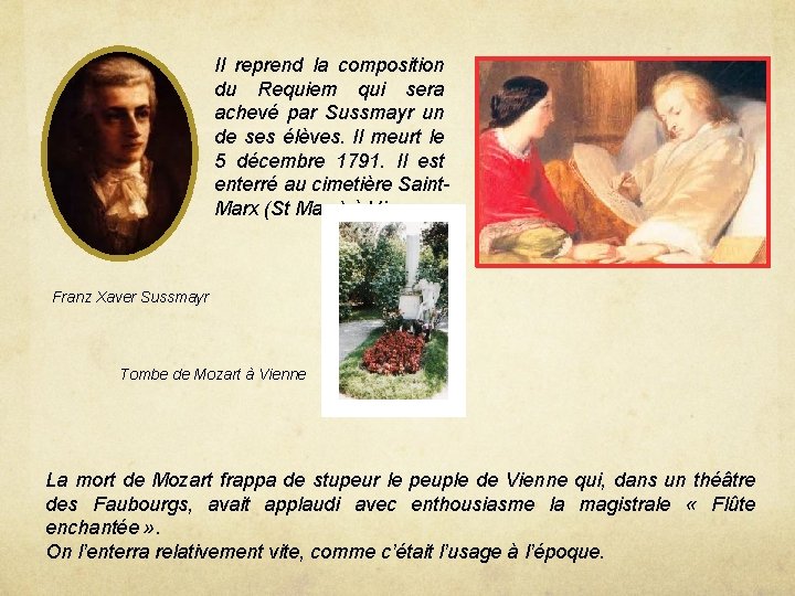 Il reprend la composition du Requiem qui sera achevé par Sussmayr un de ses Il reprend la composition du Requiem qui sera achevé par Sussmayr un de ses