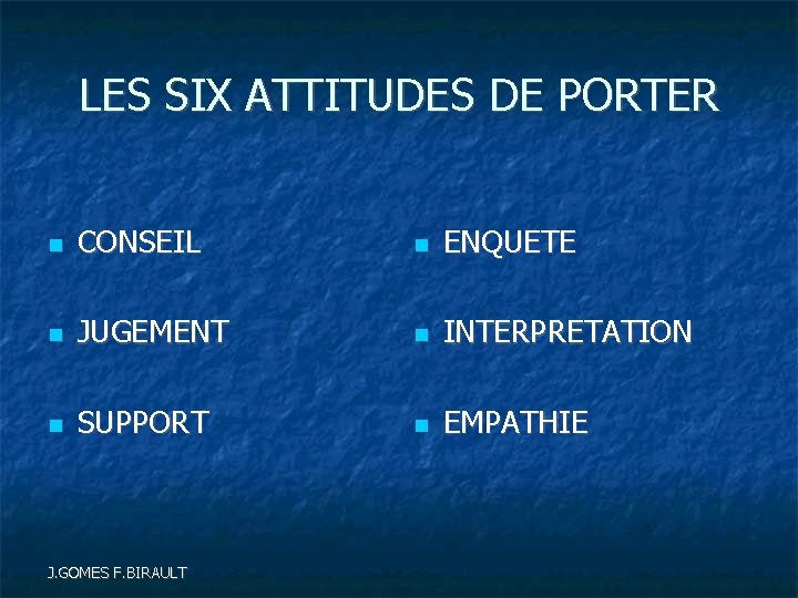 LES SIX ATTITUDES DE PORTER CONSEIL ENQUETE JUGEMENT INTERPRETATION SUPPORT EMPATHIE J. GOMES F.