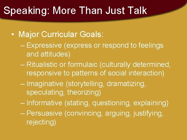 Speaking: More Than Just Talk • Major Curricular Goals: – Expressive (express or respond