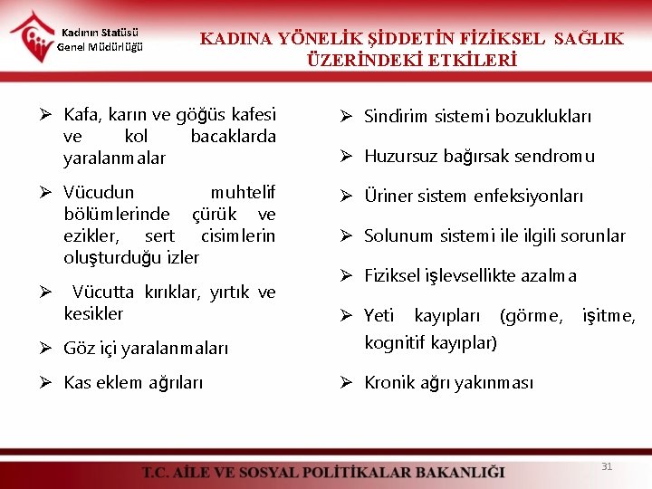 Kadının Statüsü Genel Müdürlüğü KADINA YÖNELİK ŞİDDETİN FİZİKSEL SAĞLIK ÜZERİNDEKİ ETKİLERİ Ø Kafa, karın