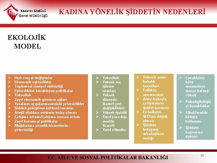 Kadının Statüsü Genel Müdürlüğü KADINA YÖNELİK ŞİDDETİN NEDENLERİ EKOLOJİK MODEL Ø Ø Ø Hızlı