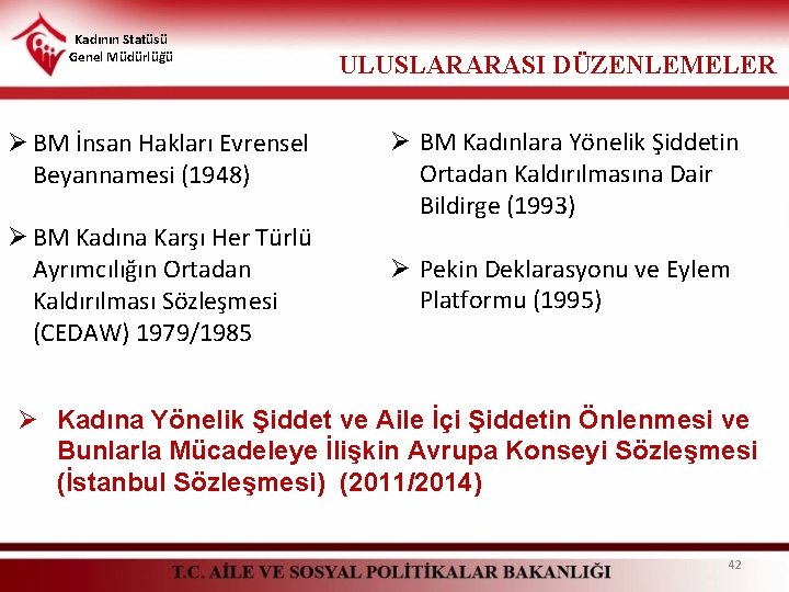Kadının Statüsü Genel Müdürlüğü Ø BM İnsan Hakları Evrensel Beyannamesi (1948) Ø BM Kadına Kadının Statüsü Genel Müdürlüğü Ø BM İnsan Hakları Evrensel Beyannamesi (1948) Ø BM Kadına