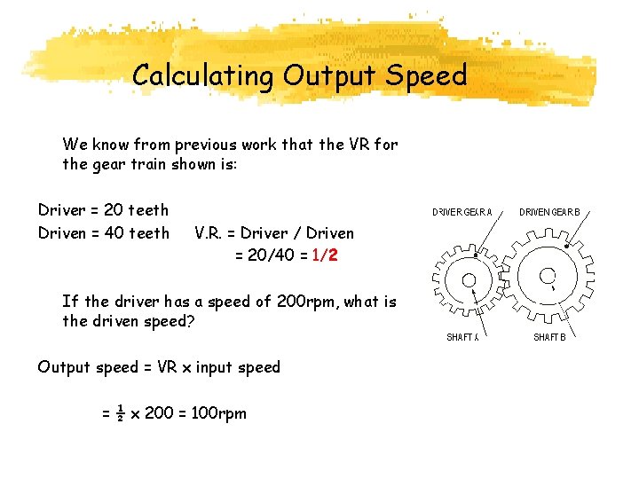 Calculating Output Speed We know from previous work that the VR for the gear