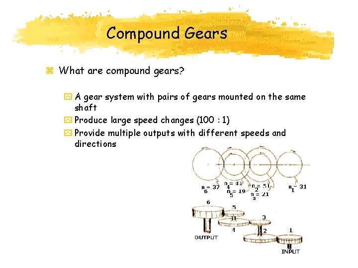 Compound Gears z What are compound gears? y A gear system with pairs of