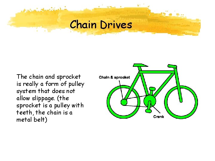 Chain Drives The chain and sprocket is really a form of pulley system that