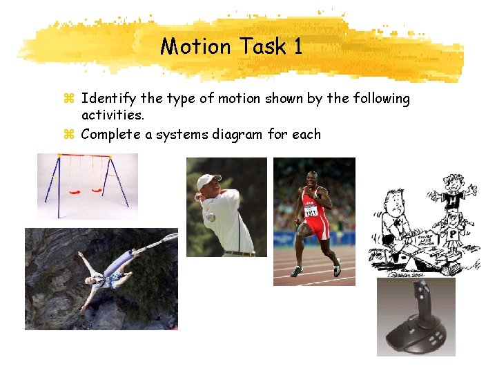 Motion Task 1 z Identify the type of motion shown by the following activities.