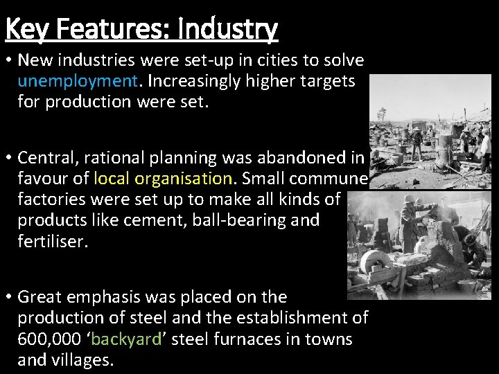 Key Features: Industry • New industries were set-up in cities to solve unemployment. Increasingly