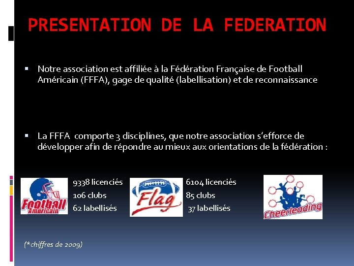 PRESENTATION DE LA FEDERATION Notre association est affiliée à la Fédération Française de Football