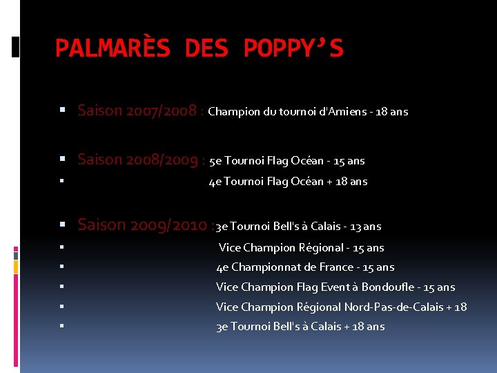 PALMARÈS DES POPPY’S Saison 2007/2008 : Champion du tournoi d'Amiens - 18 ans Saison