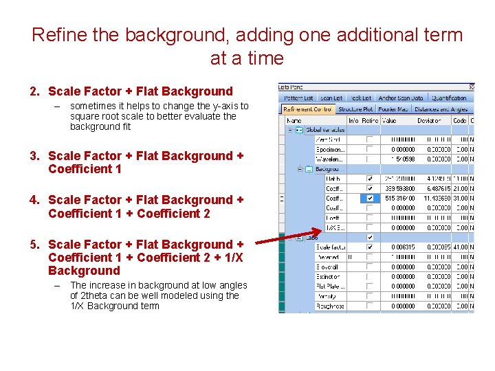 Refine the background, adding one additional term at a time 2. Scale Factor + Refine the background, adding one additional term at a time 2. Scale Factor +