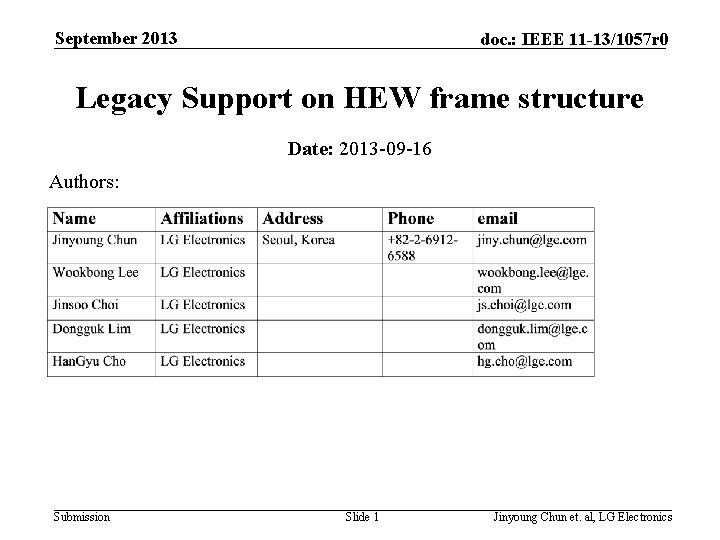 September 2013 doc. : IEEE 11 -13/1057 r 0 Legacy Support on HEW frame