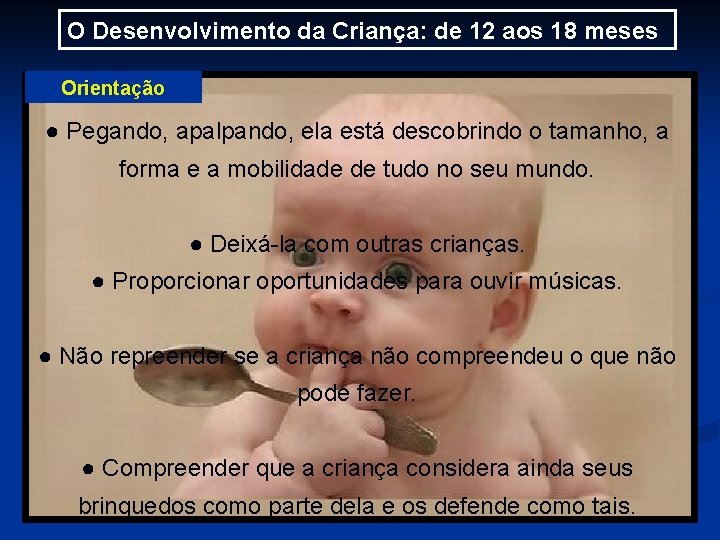 O Desenvolvimento da Criança: de 12 aos 18 meses Orientação ● Pegando, apalpando, ela