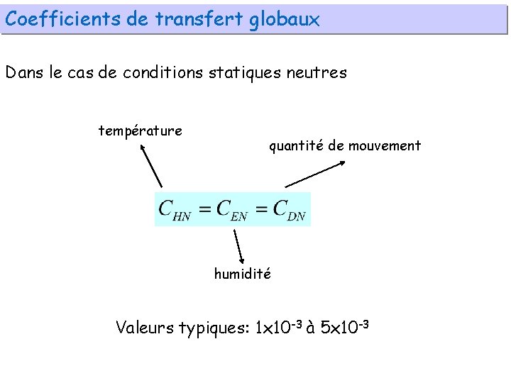 Coefficients de transfert globaux Dans le cas de conditions statiques neutres température quantité de