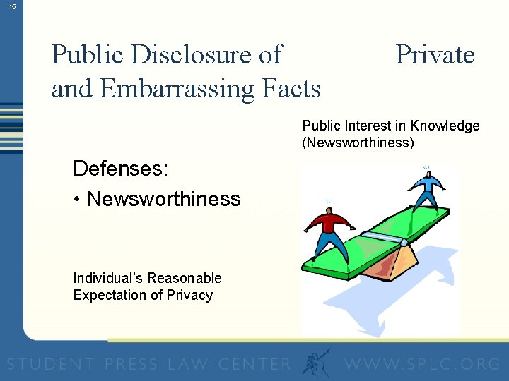 15 Public Disclosure of and Embarrassing Facts Private Public Interest in Knowledge (Newsworthiness) Defenses: