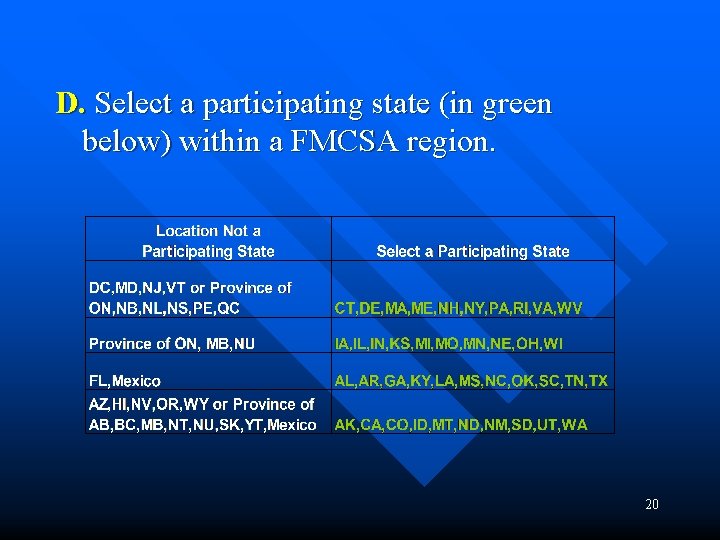 D. Select a participating state (in green below) within a FMCSA region. 20 
