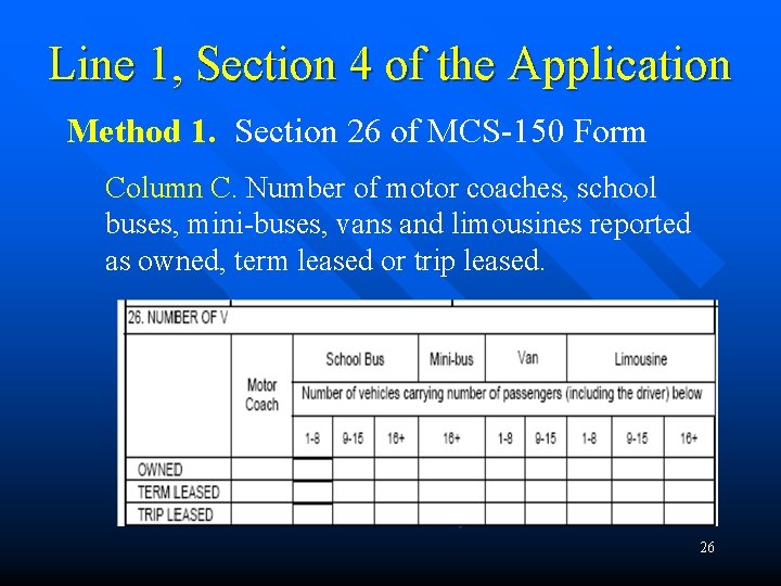 Line 1, Section 4 of the Application Method 1. Section 26 of MCS-150 Form