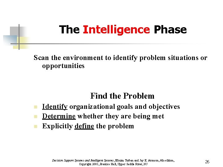 The Intelligence Phase Scan the environment to identify problem situations or opportunities Find the