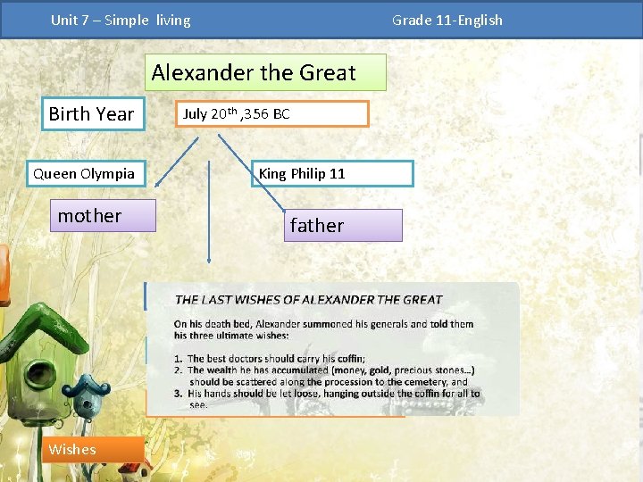 Unit 7 – Simple living Grade 11 -English Alexander the Great Birth Year Queen