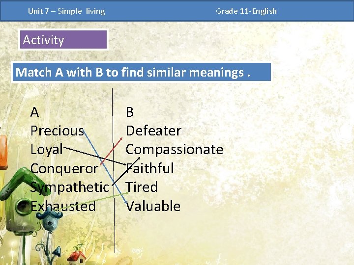 Unit 7 – Simple living Grade 11 -English Activity Match A with B to