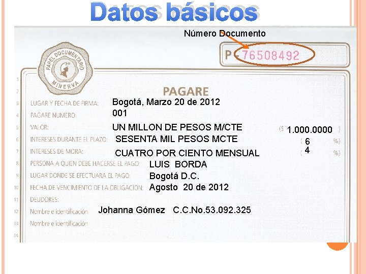 DATOS BÁSICOS Número Documento Bogotá, Marzo 20 de 2012 001 UN MILLON DE PESOS