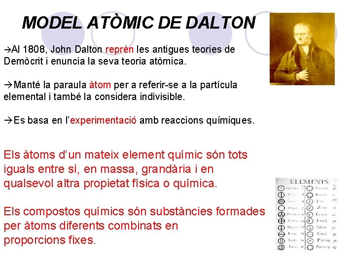 MODEL ATÒMIC DE DALTON Al 1808, John Dalton reprèn les antigues teories de Demòcrit