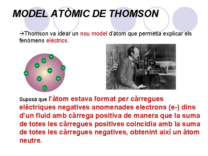 MODEL ATÒMIC DE THOMSON Thomson va idear un nou model d’àtom que permetia explicar