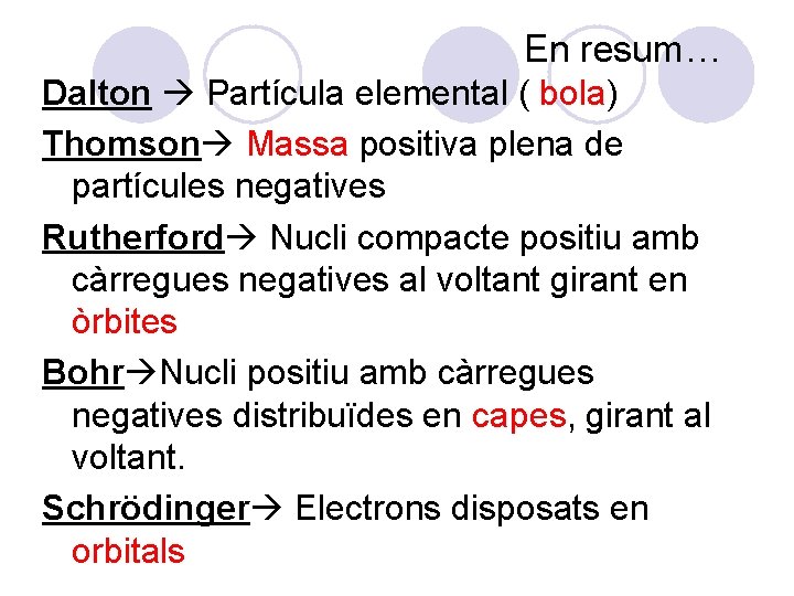 En resum… Dalton Partícula elemental ( bola) Thomson Massa positiva plena de partícules negatives