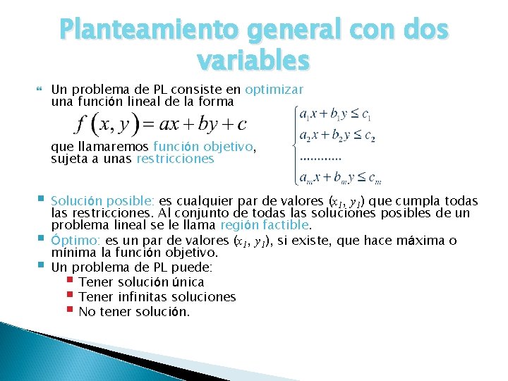 Planteamiento general con dos variables Un problema de PL consiste en optimizar una función