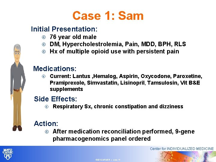 Case 1: Sam Initial Presentation: 76 year old male DM, Hypercholestrolemia, Pain, MDD, BPH,