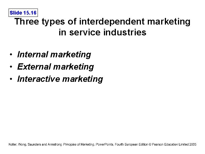 Slide 15. 16 Three types of interdependent marketing in service industries • Internal marketing