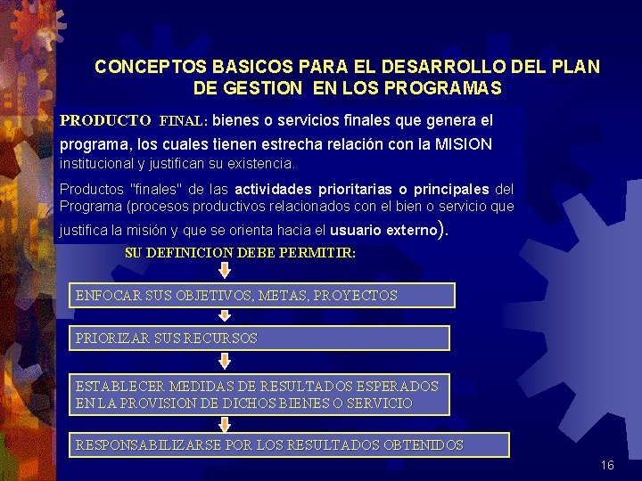 CONCEPTOS BASICOS PARA EL DESARROLLO DEL PLAN DE GESTION EN LOS PROGRAMAS PRODUCTO FINAL: