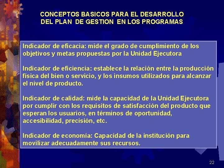 CONCEPTOS BASICOS PARA EL DESARROLLO DEL PLAN DE GESTION EN LOS PROGRAMAS Indicador de